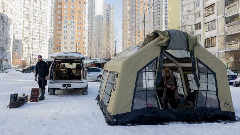 a dry sauna set up for those whose homes are without electricity or heating following Russian missile and drone attacks on Ukrainian energy infrastructure, in a residential neighbourhood of Kyiv
