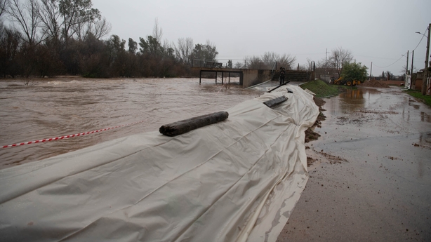 A dam to contain water following stormy weather in Castilla-La Mancha in Spain