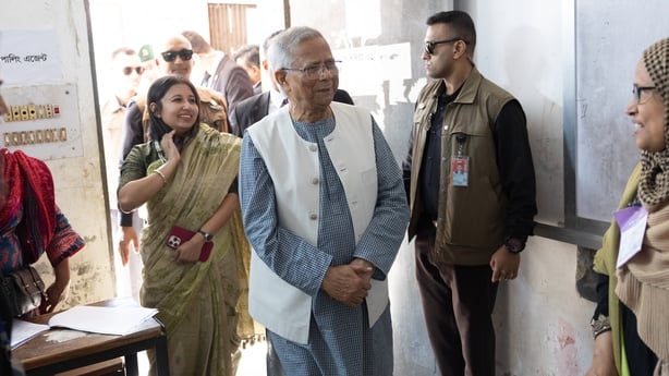 DHAKA, BANGLADESH - FEBRUARY 12: Chief Adviser Professor Muhammad Yunus cast his vote this morning at the Gulshan Model School and College polling center. Afterwards, he visited the Badda High School center in the capital and the SOS Hermann Gmeiner College polling center in Mirpur to observe the ov