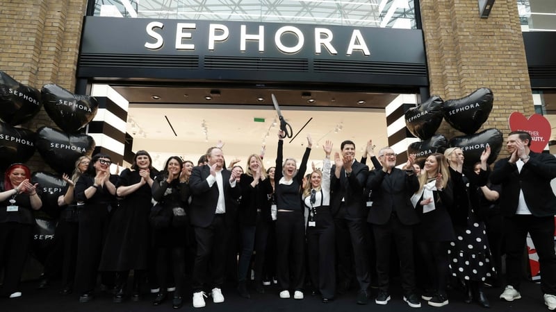 Sephora Belfast opening on February 12, 2026 - a big group of Sephora staff celebrating in front of the store