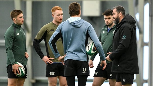 11 February 2026; Head coach Andy Farrell, right, with players, from left, Jack Crowley, Ciarán Frawley, Sam Prendergast and Harry Byrne during an Ireland Rugby squad training session at the IRFU High Performance Centre in Dublin. Photo by Brendan Moran/S