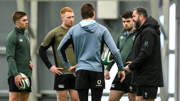 11 February 2026; Head coach Andy Farrell, right, with players, from left, Jack Crowley, Ciarán Frawley, Sam Prendergast and Harry Byrne during an Ireland Rugby squad training session at the IRFU High Performance Centre in Dublin. Photo by Brendan Moran/Sportsfile