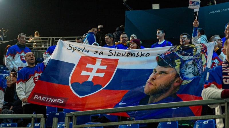 Banner is displayed by Slovak fans prior during the Men's Preliminary Group B match between Slovakia and Finland on day five of the Milano Cortina 2026 Winter Olympic games at Milano Santagiulia Ice Hockey Arena on February 11, 2026 in Milan, Italy. (Phot