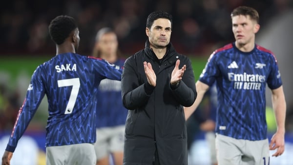 Arsenal manager Mikel Arteta applauds the fans at the final whistle during the Premier League match between Brentford and Arsenal at Gtech Community Stadium on February 12, 2026 in Brentford, United Kingdom. (Photo by Rob Newell - CameraSport via Getty Im