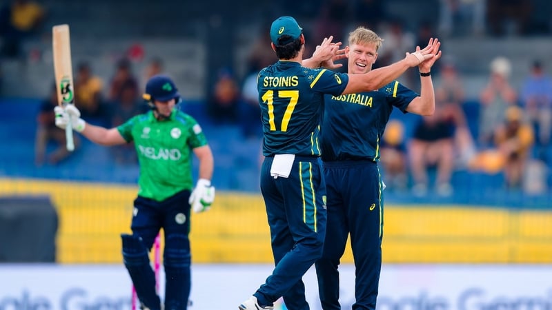 11 February 2026; Nathan Ellis of Australia celebrates the wicket of Curtis Campher of Ireland during the ICC Men's T20 World Cup group stage match between Australia and Ireland at R.Premadasa Stadium in Colombo, Sri Lanka. Photo by Viraj Kothalawala/Spor