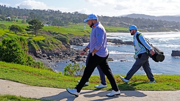 PEBBLE BEACH, CA - FEBRUARY 12: PGA golfer Shane Lowry walks the 8th hole on February 12, 2026, during the first round of the PGA AT&T Pebble Beach Pro-Am at the Pebble Beach Golf Links at Pebble Beach, California. (Photo by Brian Spurlock/Icon Sportswire via Getty Images)