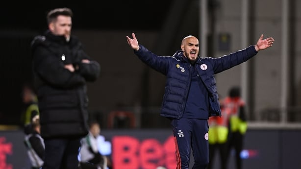 10 October 2025; Shelbourne head coach Joey O'Brien, right, and Shamrock Rovers manager Stephen Bradley during the SSE Airtricity Men's Premier Division match between Shamrock Rovers and Shelbourne at Tallaght Stadium in Dublin. Photo by Seb Daly/Sportsfile