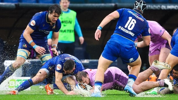 ROME, ITALY - FEBRUARY 07: Water splashes off the turf during a Guinness Six Nations match between Italy and Scotland at the Stadio Olimpico, on February 07, 2026, in Rome, Italy. (Photo by Ross MacDonald/SNS Group via Getty Images)