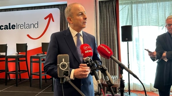 Taoiseach Micheal Martin is pictured speaking to the media
