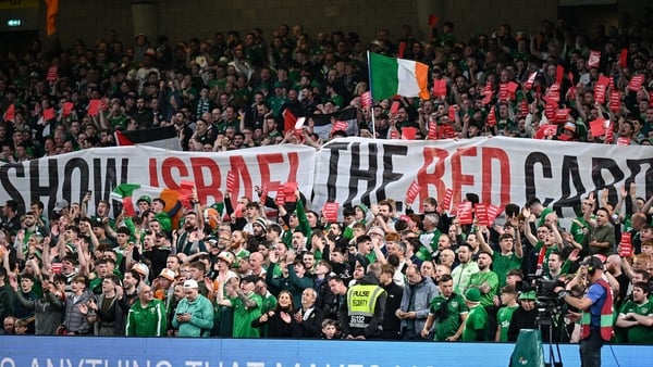 6 September 2025; Republic of Ireland supporters make their feelings know as they protest against Israel before the FIFA World Cup 2026 Group F qualifying match between Republic of Ireland and Hungary at the Aviva Stadium in Dublin. Photo by David Fitzger