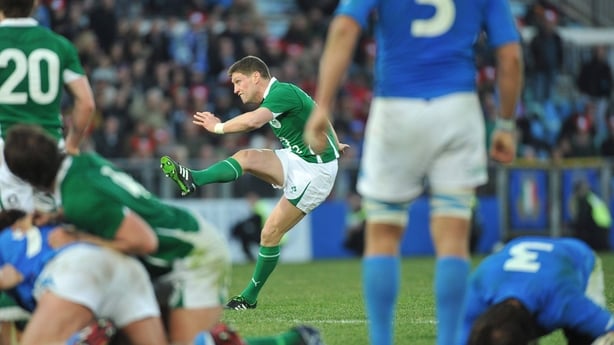 5 February 2011; Ronan O'Gara, Ireland, watches his late drop goal go between the posts to win the game. RBS Six Nations Rugby Championship, Italy v Ireland, Stadio Flaminio, Rome, Italy. Picture credit: Matt Browne / SPORTSFILE