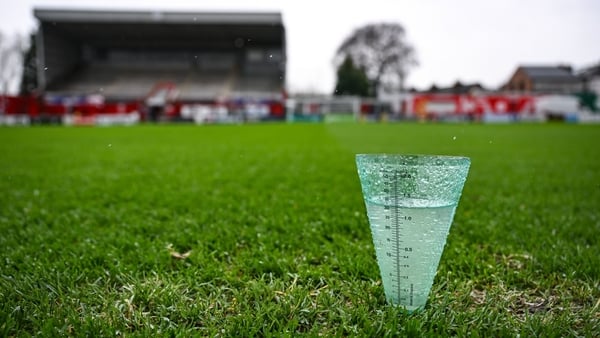 13 February 2026; A rain gauge on the pitch during a pitch inspection ahead of the SSE Airtricity Men's Premier Division match between Shelbourne and Shamrock Rovers at Tolka Park in Dublin. Photo by Stephen McCarthy/Sportsfile
