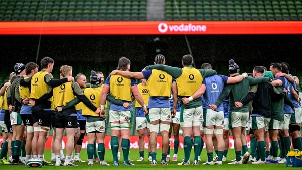 13 February 2026; The team huddle during an Ireland Rugby captain's run at the Aviva Stadium in Dublin. Photo by Brendan Moran/Sportsfile