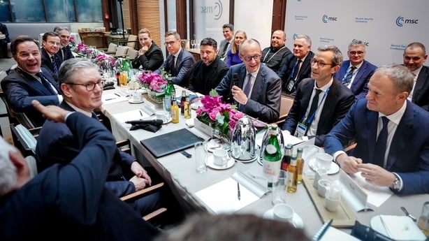 British Prime Minister Keir Starmer, NATO Secretary General Mark Rutte, Swedish Prime Minister Ulf Kristersson, Prime Minister of the Netherlands Dick Schoof, Danish Prime Minister Mette Frederiksen, Finnish President Alexander Stubb, Ukrainian President Volodymyr Zelensky, German Chancellor Friedri