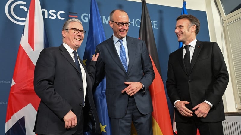 British Prime Minister Keir Starmer, German Chancellor Friedrich Merz and France’s President Emmanuel Macron pose at the start of the E-3 meeting,