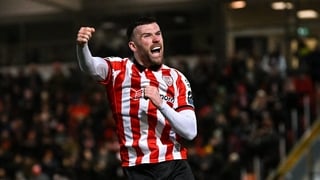 13 February 2026; Patrick McClean of Derry City celebrates after scoring his side's first goal during the SSE Airtricity Men's Premier Division match between Derry City and Dundalk at The Ryan McBride Brandywell Stadium in Derry. Photo by Ramsey Cardy/Spo