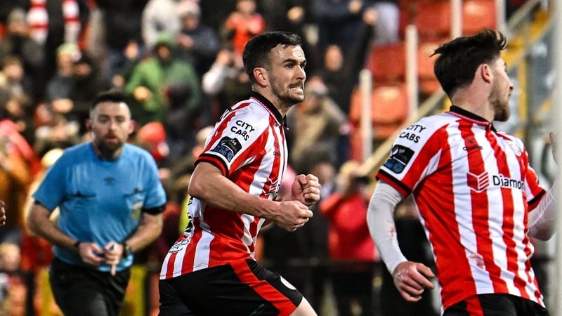 13 February 2026; Michael Duffy of Derry City celebrates after scoring his side's second goal during the SSE Airtricity Men's Premier Division match between Derry City and Dundalk at The Ryan McBride Brandywell Stadium in Derry. Photo by Ramsey Cardy/Spor