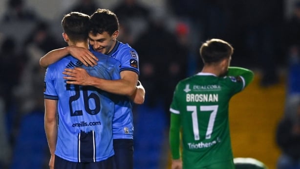 13 February 2026; Éanna Clancy of UCD, right, celebrates with team-mate Luke O'Regan after their side's victory in the SSE Airtricity Men's First Division match between UCD and Kerry FC at UCD Bowl in Belfield, Dublin. Photo by Tyler Miller/Sportsfile 