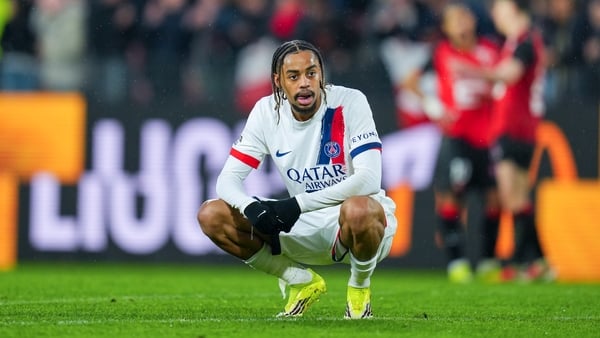 PSG's Bradley Barcola reacts after the defeat to Rennes