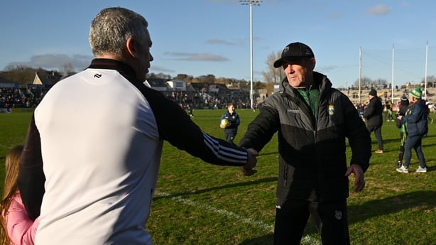 Kerry manager Jack O'Connor, right, chakes hands with Galway manager Padraic Joyce after the Allianz Football League Division 1 match between Galway and Kerry at Pearse Stadium in Galway. 