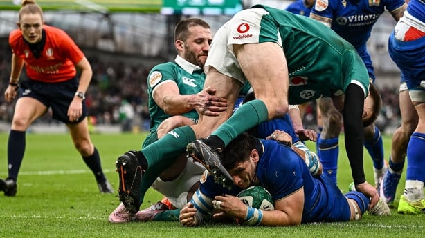 14 February 2026; Giacomo Nicotera of Italy dives over to score his side's first try during the Guinness 6 Nations Rugby Championship match between Ireland and Italy at the Aviva Stadium in Dublin. Photo by Seb Daly/Sportsfile