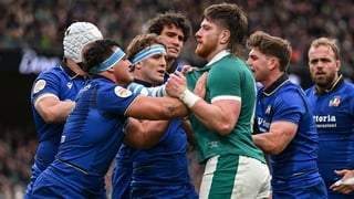 14 February 2026; Joe McCarthy of Ireland tussles with Danilo Fischetti of Italy during the Guinness 6 Nations Rugby Championship match between Ireland and Italy at the Aviva Stadium in Dublin. Photo by Brendan Moran/Sportsfile