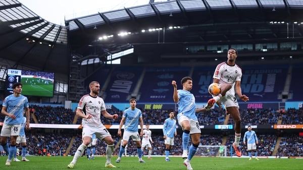 MANCHESTER, ENGLAND - FEBRUARY 14: A general interior view of match action at Etihad Stadium during the Emirates FA Cup Fourth Round match between Manchester City and Salford City on February 14, 2026 in Manchester, England. (Photo by Robbie Jay Barratt -