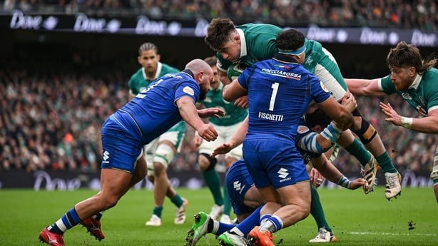 14 February 2026; Dan Sheehan of Ireland is tackled by Simone Ferrari, left, and Danilo Fischetti of Italy during the Guinness 6 Nations Rugby Championship match between Ireland and Italy at the Aviva Stadium in Dublin. Photo by Brendan Moran/Sportsfile