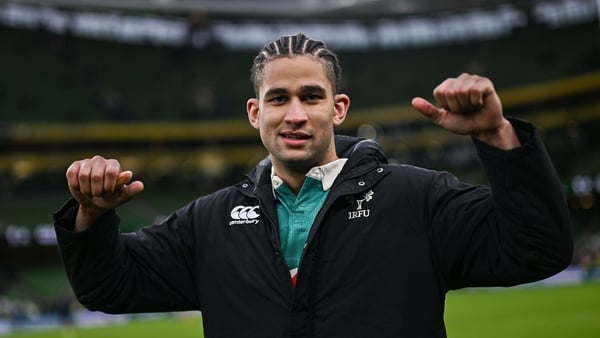 14 February 2026; Cormac Izuchukwu of Ireland after the Guinness 6 Nations Rugby Championship match between Ireland and Italy at the Aviva Stadium in Dublin. Photo by Ramsey Cardy/Sportsfile