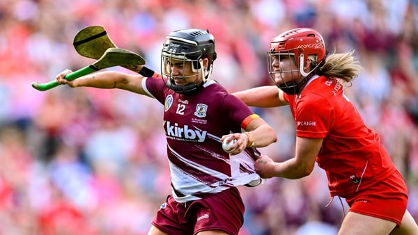 Dublin , Ireland - 10 August 2025; Aoife Donohue of Galway in action against Libby Coppinger of Cork during the Glen Dimplex All-Ireland Senior Camogie Championship final match between Cork and Galway at Croke Park in Dublin. (Photo By Ramsey Cardy/Sports