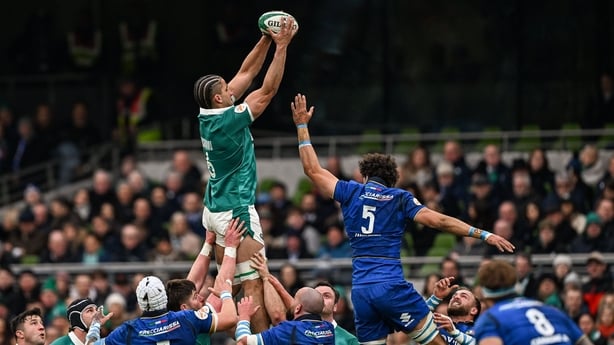 14 February 2026; Cormac Izuchukwu of Ireland takes possession in a line-out ahead of Andrea Zambonin of Italy during the Guinness 6 Nations Rugby Championship match between Ireland and Italy at the Aviva Stadium in Dublin. Photo by Ramsey Cardy/Sportsfile