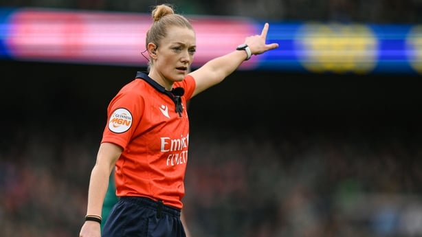 14 February 2026; Referee Hollie Davidson during the Guinness 6 Nations Rugby Championship match between Ireland and Italy at the Aviva Stadium in Dublin. Photo by Brendan Moran/Sportsfile
