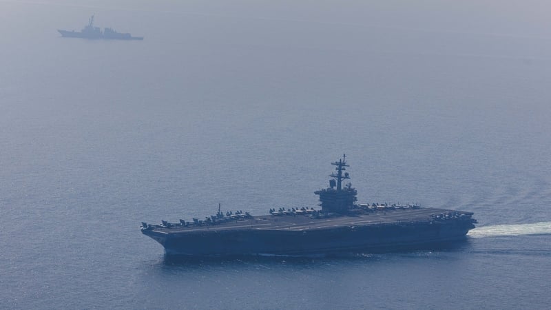 ARABIAN SEA - FEBRUARY 6: (----EDITORIAL USE ONLY - MANDATORY CREDIT - 'U.S. CENTRAL COMMAND / HANDOUT' - NO MARKETING NO ADVERTISING CAMPAIGNS - DISTRIBUTED AS A SERVICE TO CLIENTS----) An aerial view of the USS Abraham Lincoln Carrier Strike Group while