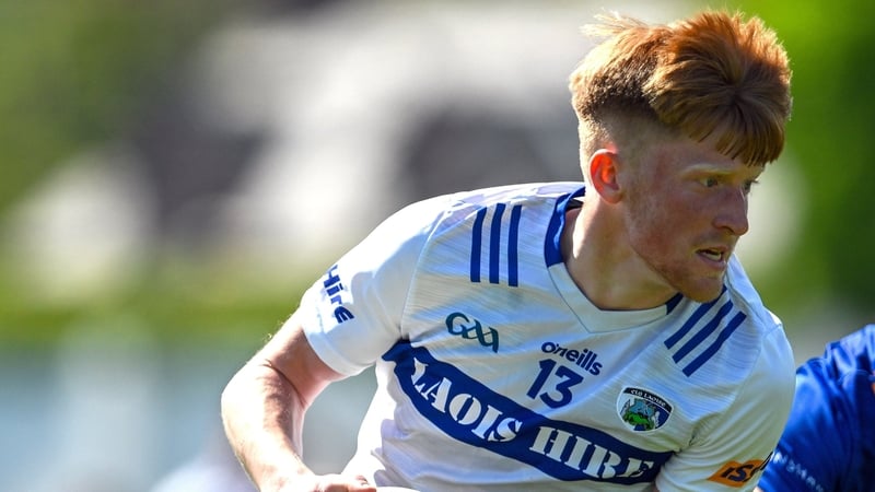 19 May 2024; Rioghan Murphy of Laois in action against Darragh Fee of Wicklow during the Tailteann Cup Round 2 match between Wicklow and Laois at Echelon Park in Aughrim, Wicklow. Photo by Stephen Marken/Sportsfile