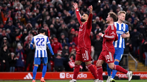 Mo Salah celebrates Liverpool's third goal against Brighton