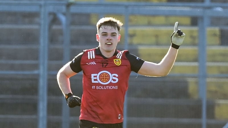 27 April 2024; Ryan Magill of Down celebrates after scoring his side's second goal during the Ulster GAA Football Senior Championship semi-final match between Down and Armagh at St Tiernach's Park in Clones, Monaghan. Photo by Stephen McCarthy/Sportsfile