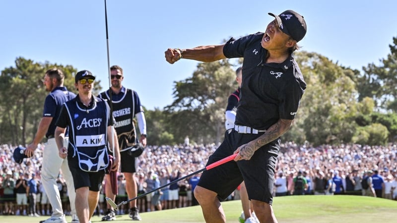 4Aces GC player Anthony Kim from the US celebrates after he won the LIV Golf Adelaide tournament at The Grange Golf Club in Adelaide on February 15, 2026. (Photo by Brenton Edwards / AFP) / -- IMAGE RESTRICTED TO EDITORIAL USE - STRICTLY NO COMMERCIAL USE