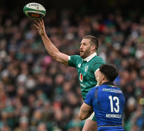 14 February 2026; Stuart McCloskey of Ireland in action against Tommaso Menoncello of Italy during the Guinness 6 Nations Rugby Championship match between Ireland and Italy at the Aviva Stadium in Dublin. Photo by Brendan Moran/Sportsfile