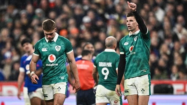 5 February 2026; Ireland players Sam Prendergast, right, and Jack Crowley during the Guinness 6 Nations Rugby Championship match between France and Ireland at Stade de France in Paris, France. Photo by Seb Daly/Sportsfile