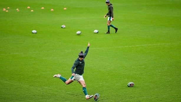 13 February 2026; Jack Crowley, left, and Sam Prendergast practice their goalkicking during an Ireland Rugby captain's run at the Aviva Stadium in Dublin. Photo by Brendan Moran/Sportsfile