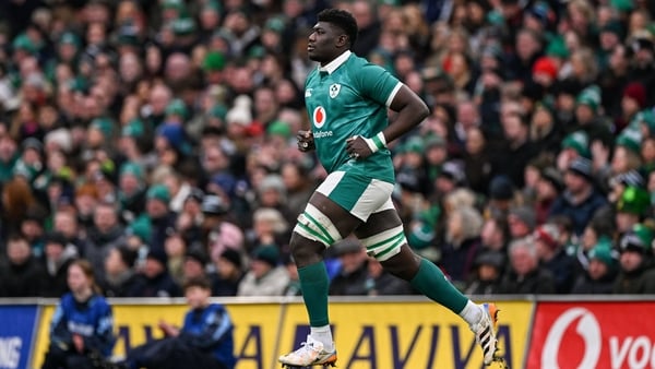 14 February 2026; Edwin Edogbo of Ireland makes his way onto the pitch as a substitution during the Guinness 6 Nations Rugby Championship match between Ireland and Italy at the Aviva Stadium in Dublin. Photo by Ramsey Cardy/Sportsfile