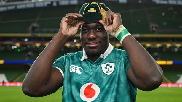 14 February 2026; Edwin Edogbo of Ireland with his first cap after the Guinness 6 Nations Rugby Championship match between Ireland and Italy at the Aviva Stadium in Dublin. Photo by Brendan Moran/Sportsfile