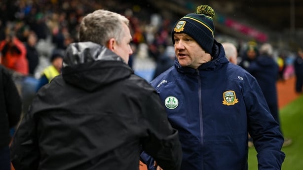 14 February 2026; Meath manager Robbie Brennan and Louth manager Gavin Devlin after the Allianz Football League Division 2 match between Meath and Louth at Croke Park in Dublin. Photo by David Fitzgerald/Sportsfile