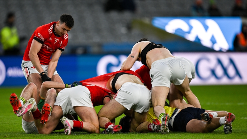 14 February 2026; Players from both sides tussle, inside ten seconds, during the Allianz Football League Division 2 match between Meath and Louth at Croke Park in Dublin. Photo by Ray McManus/Sportsfile