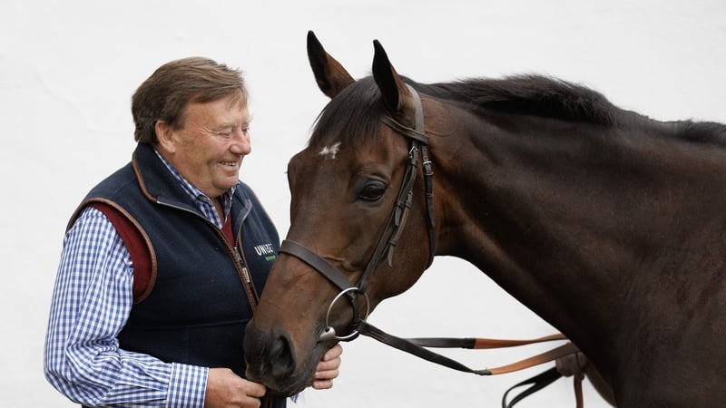 Nicky Henderson, the racehorse trainer, poses for a portrait with his star horse Constitution Hill at his Seven Barrows stables near Lambourn on September 12th 2023 in West Berkshire (Photo by Tom Jenkins/Getty Images)