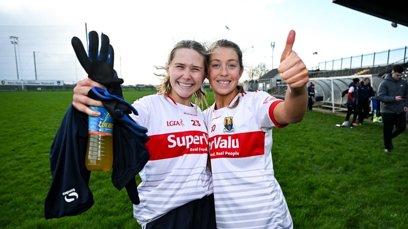15 February 2026; Rachel O'Regan, left, and Rachel Leahy of Cork celebrates after the Lidl Ladies National Football League Division 1 match between Armagh and Cork at St. Oliver Plunkett Park in Crossmaglen, Armagh. Photo by Stephen McCarthy/Sportsfile