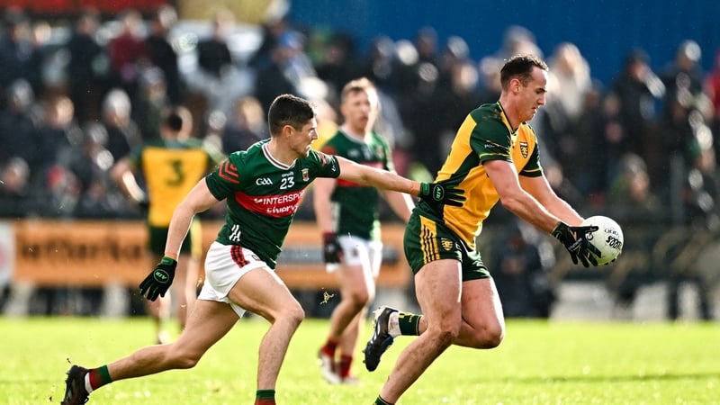 15 February 2026; Jason McGee of Donegal in action against Conor Loftus of Mayo during the Allianz Football League Division 1 match between Donegal and Mayo at O'Donnell Park in Letterkenny, Donegal. Photo by Ramsey Cardy/Sportsfile