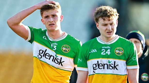 15 February 2026; Offaly players Harry Plunkett, left, and Daire McDaid leave the pitch after their defeat in the Allianz Football League Division 2 match between Offaly and Cork at Glenisk O'Connor Park in Tullamore, Offaly. Photo by Thomas Flinkow/Sportsfile