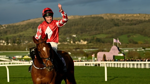 Gloucestershire , United Kingdom - 14 March 2023; Jockey Michael O'Sullivan, celebrates his second win, after winning the Boodles Juvenile Handicap Hurdle Chase on Jazzy Matty during day one of the Cheltenham Racing Festival at Prestbury Park in Cheltenham, England. (Photo By Harry Murphy/Sportsfile