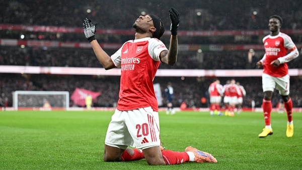 Noni Madueke of Arsenal celebrates scoring his team's first goal during the Emirates FA Cup Fourth Round match between Arsenal and Wigan Athletic on February 15, 2026 in London, England